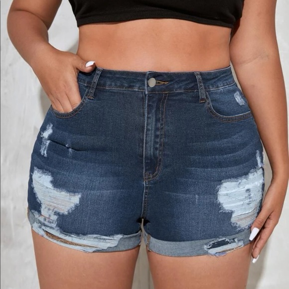 Boho plus size distressed roll up denim shorts - Picture 1 of 5
